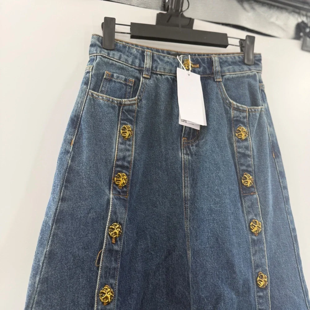 Urban Revivo Blue Denim Maxi Skirt Gold Ornate Button Front A-Line NWT Size US 2 - Picture 7 of 10